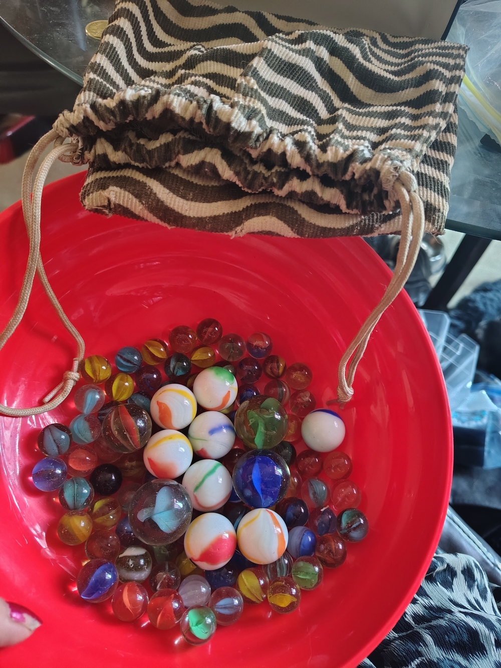 Vintage Glass Marbles Collection (101 Total) with Striped Drawstring Bag